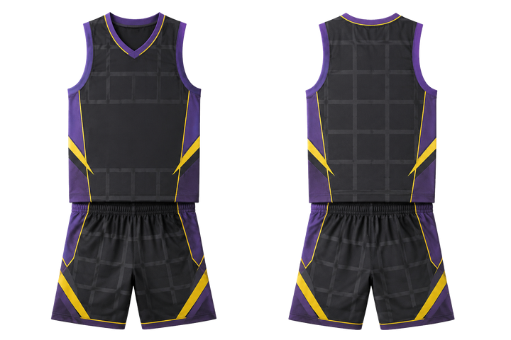 Front and back view of charcoal oversized tonal grid basketball court uniform