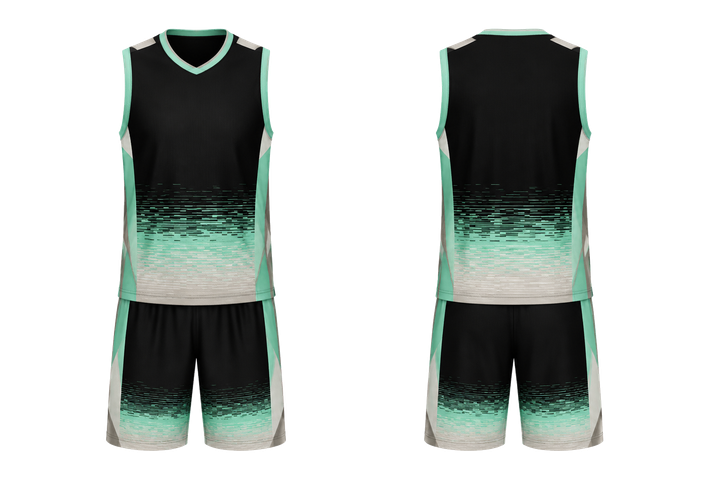 Front and back view of obsidian black pixel to panel fade built from flat bands basketball court uniform