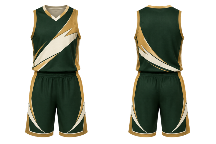 Front and back view of forest green split sash geometry basketball court uniform