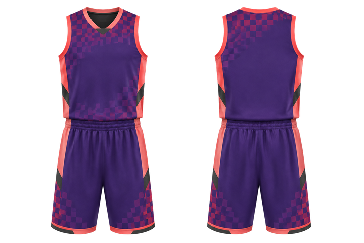 Front and back view of purple stepped chequer field with original spacing basketball court uniform