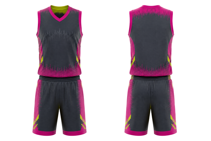 Front and back view of slate tonal soundwave rhythm basketball court uniform