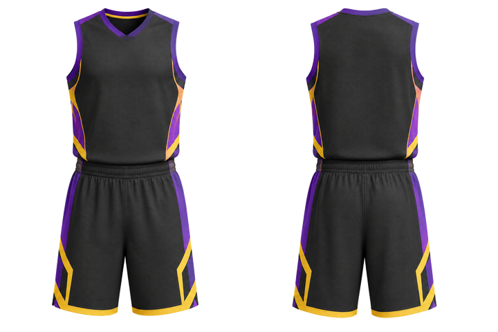 Front and back view of charcoal bold sleeve to side bridge basketball practice set