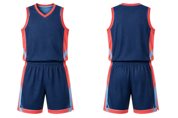 Front and back view of indigo low contrast ripple map basketball practice set