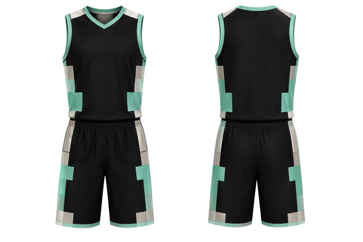 Front and back view of obsidian black modular block mosaic basketball practice set