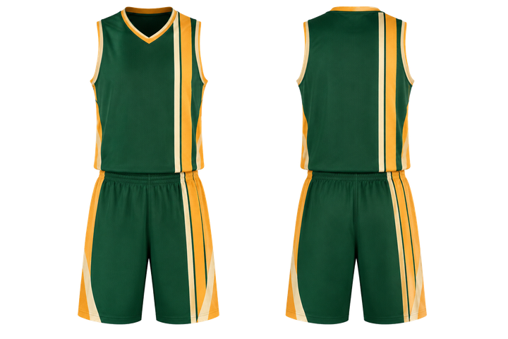 Front and back view of bottle green offset vertical race stripe basketball practice set