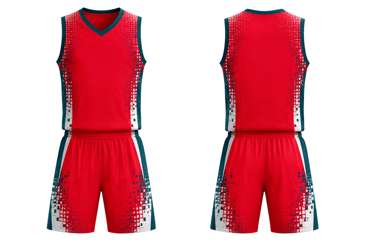 Front and back view of club red pixel to panel fade built from flat bands basketball practice set