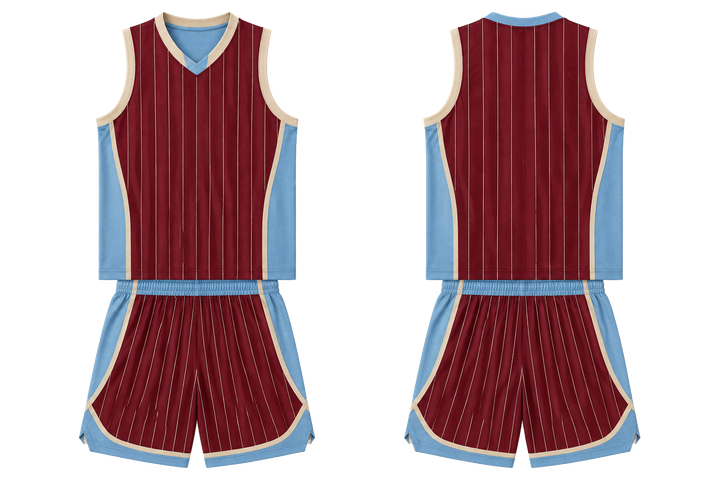 Front and back view of deep maroon wide modern pinstripe field basketball practice set