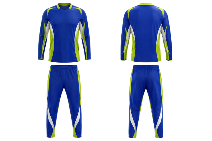 Front and back view of royal blue curved body mapped side flow basketball shooting warm up set