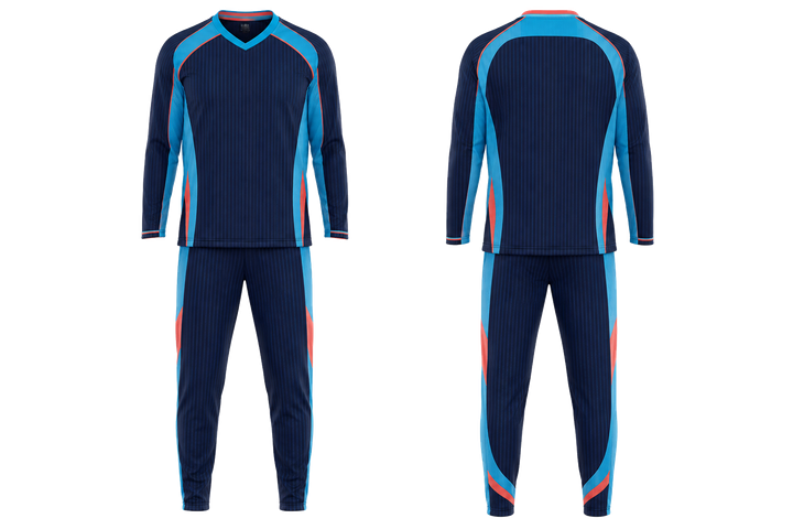 Front and back view of midnight navy retro micro stripe with modern panel breaks basketball shooting warm up set