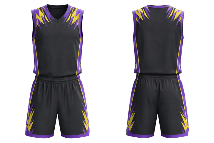 Front and back view of charcoal angular shoulder burst basketball women's or youth court uniform