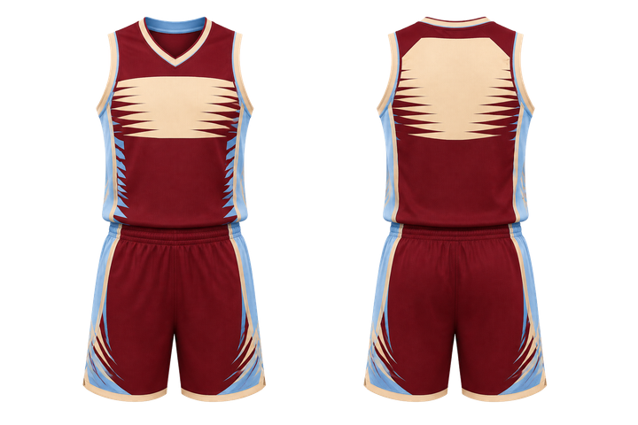 Front and back view of deep maroon compressed gradient illusion made only from flat bands basketball women's or youth court uniform