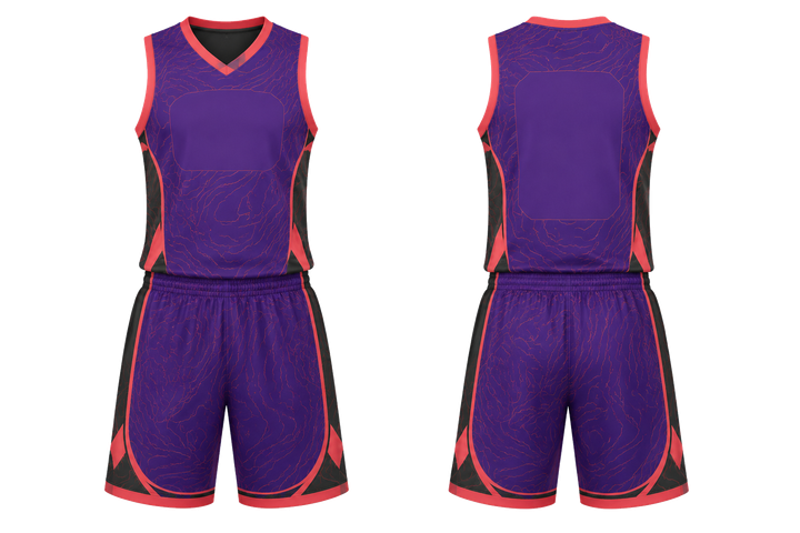 Front and back view of purple contained topographic contour field basketball women's or youth court uniform