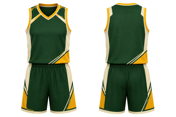 Front and back view of bottle green diagonal court line architecture basketball women's or youth court uniform