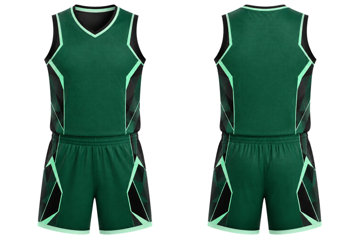 Front and back view of emerald faceted shield geometry basketball women's or youth court uniform