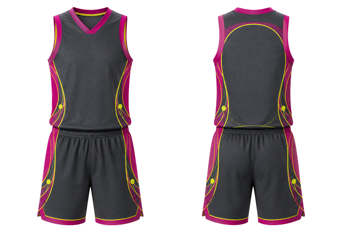 Front and back view of slate minimal arch and orbit geometry basketball women's or youth court uniform