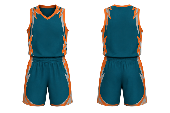 Front and back view of petrol teal negative space lightning channel basketball women's or youth court uniform