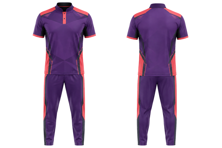 Front and back view of purple faceted shield geometry cricket cricket training kit