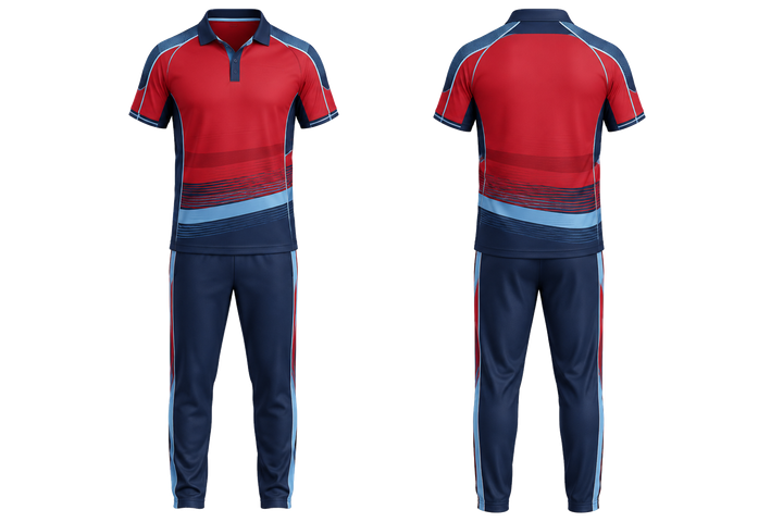 Front and back view of deep red layered horizon bands cricket cricket training kit