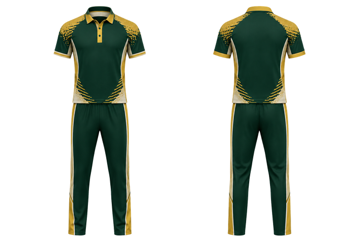 Front and back view of forest green pixel to panel fade built from flat bands cricket cricket training kit
