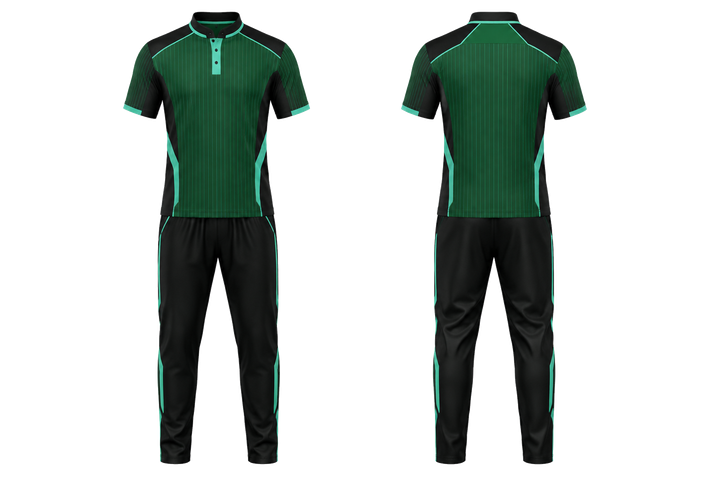 Front and back view of emerald retro micro stripe with modern panel breaks cricket cricket training kit