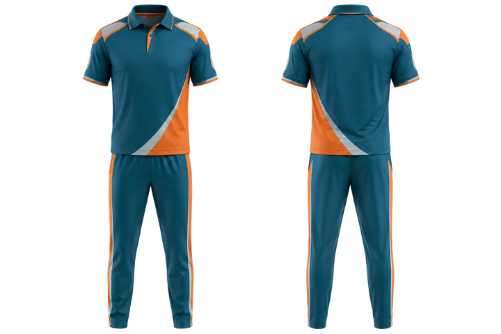 Front and back view of petrol teal split sash geometry cricket cricket training kit