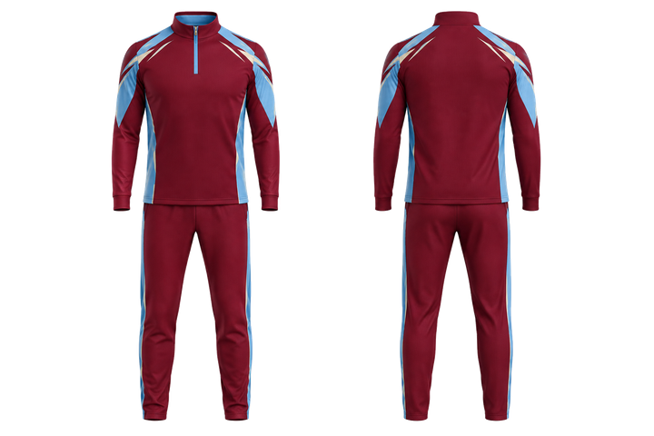 Front and back view of deep maroon angular shoulder burst cricket cricket travel set