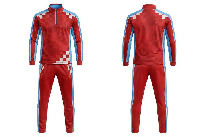Front and back view of brick red stepped chequer field with original spacing cricket cricket travel set