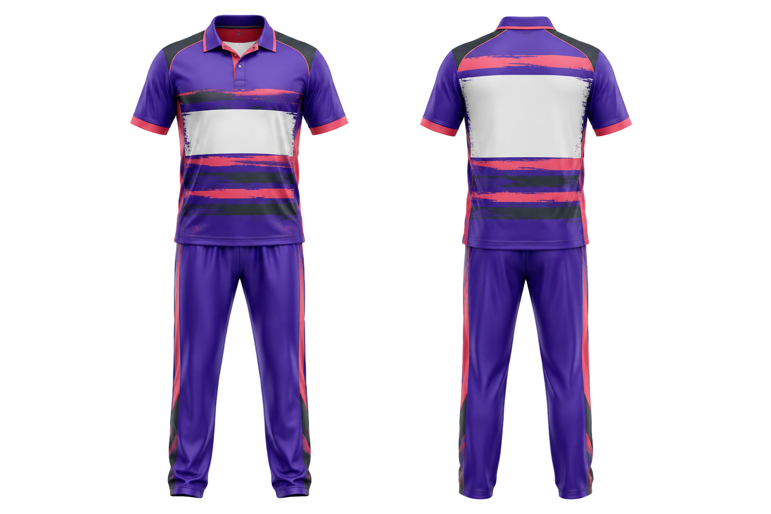 Purple Broken Heritage Hoops Cricket Premium Whites Or Alternate Kit combined front and back custom uniform design