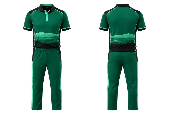 Front and back view of emerald layered horizon bands cricket premium whites or alternate kit