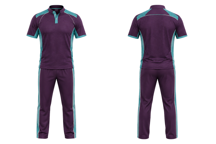 Front and back view of plum low contrast ripple map cricket premium whites or alternate kit