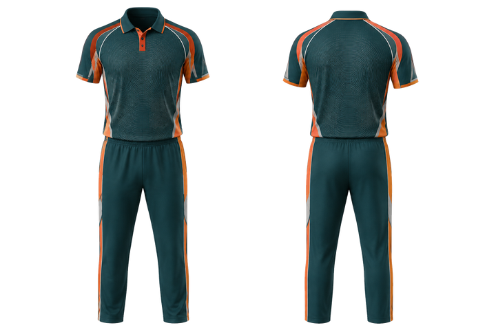 Front and back view of petrol teal nested contour arcs cricket premium whites or alternate kit