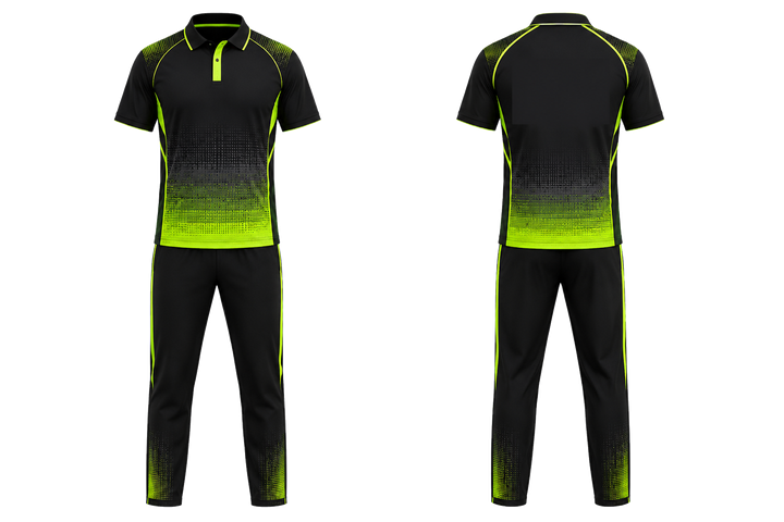 Front and back view of black pixel to panel fade built from flat bands cricket premium whites or alternate kit