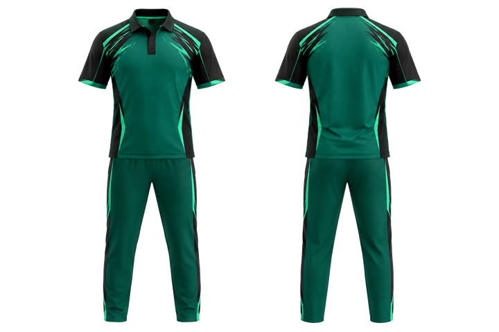 Front and back view of emerald angular shoulder burst cricket t20 or odi kit