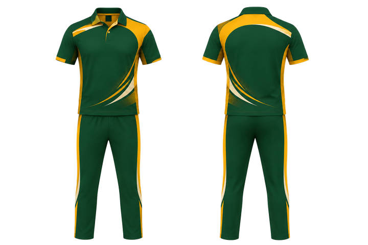 Front and back view of bottle green asymmetric speed panel sweep cricket t20 or odi kit
