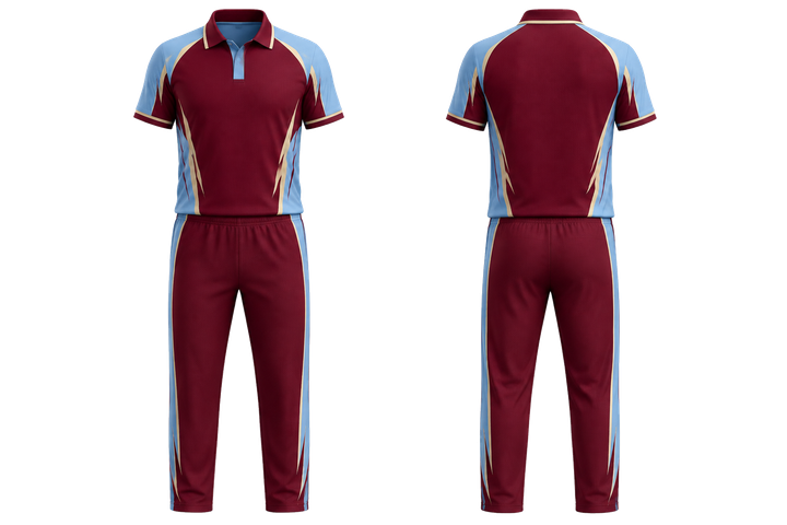 Front and back view of deep maroon bold sleeve to side bridge cricket t20 or odi kit