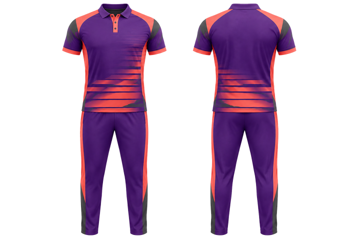 Front and back view of purple compressed gradient illusion made only from flat bands cricket t20 or odi kit