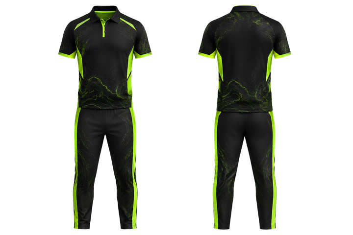 Front and back view of black contained topographic contour field cricket t20 or odi kit