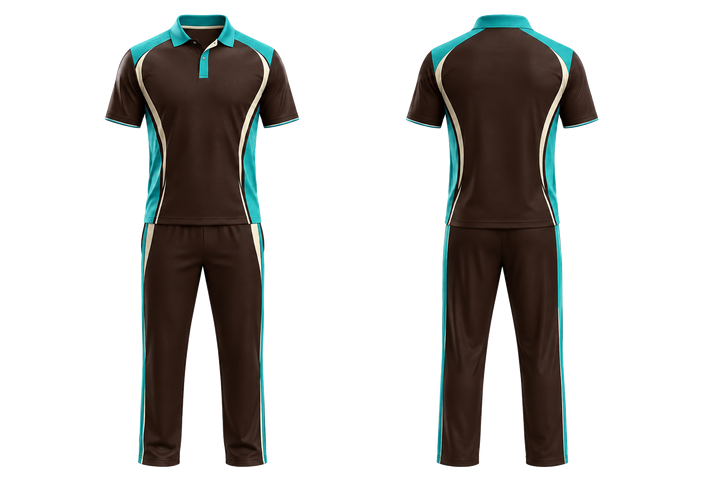 Front and back view of dark chocolate curved body mapped side flow cricket t20 or odi kit