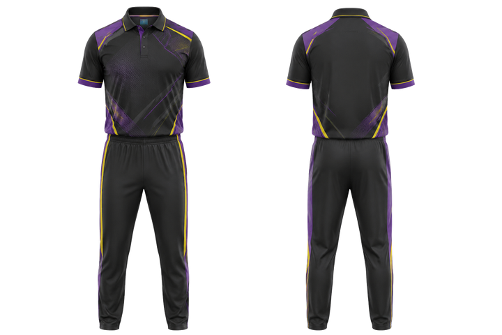 Front and back view of charcoal diagonal court line architecture cricket t20 or odi kit