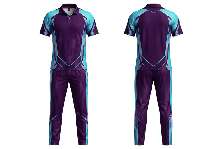 Front and back view of plum faceted shield geometry cricket t20 or odi kit