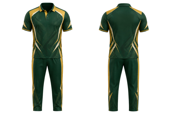 Front and back view of forest green fractured diamond field cricket t20 or odi kit