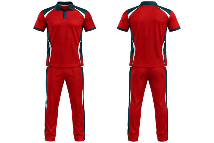 Front and back view of club red low contrast ripple map cricket t20 or odi kit