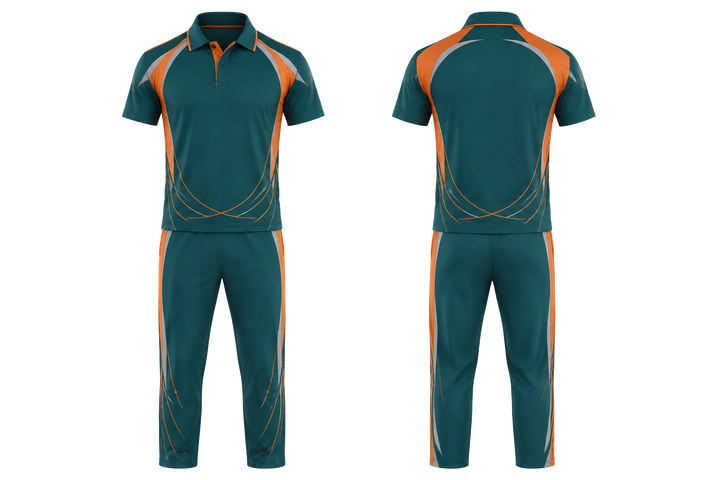 Front and back view of petrol teal minimal arch and orbit geometry cricket t20 or odi kit
