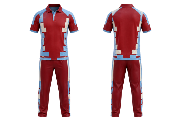Front and back view of brick red modular block mosaic cricket t20 or odi kit