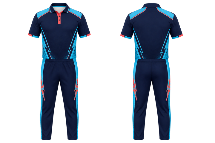 Front and back view of midnight navy negative space lightning channel cricket t20 or odi kit