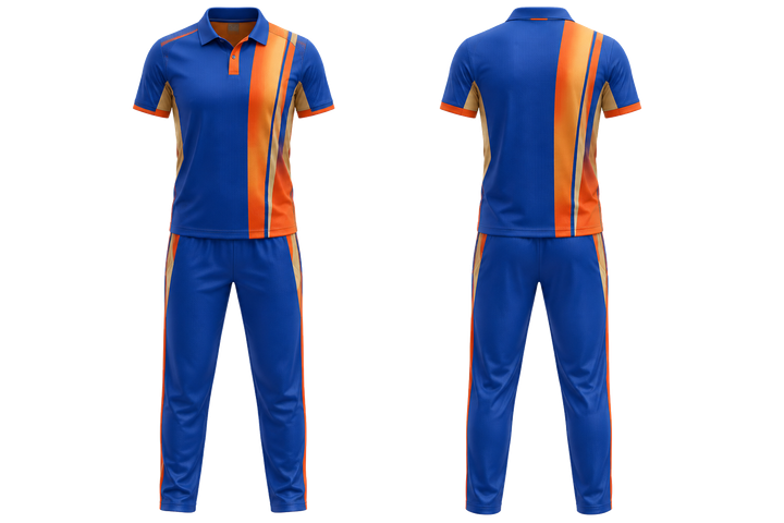 Front and back view of cobalt offset vertical race stripe cricket t20 or odi kit