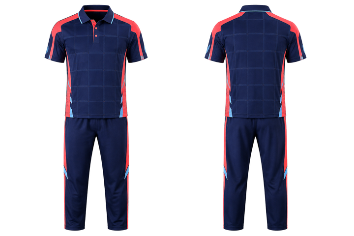 Front and back view of indigo oversized tonal grid cricket t20 or odi kit