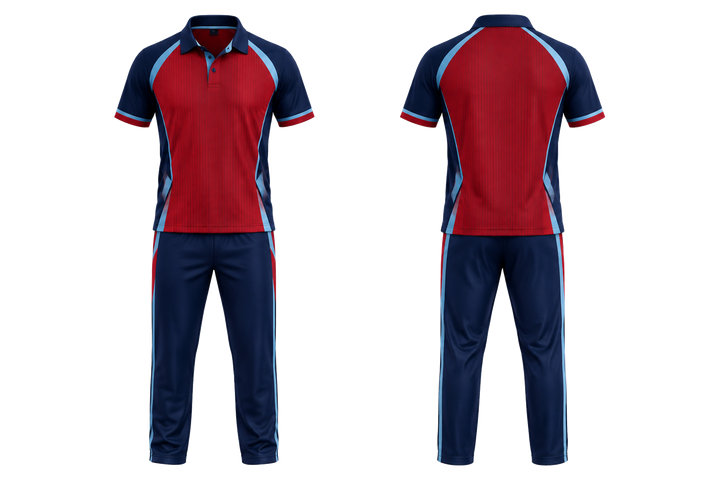 Front and back view of deep red retro micro stripe with modern panel breaks cricket t20 or odi kit