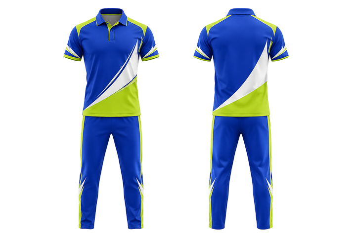 Front and back view of royal blue split sash geometry cricket t20 or odi kit