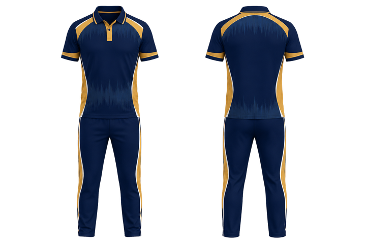 Front and back view of marine blue tonal soundwave rhythm cricket t20 or odi kit